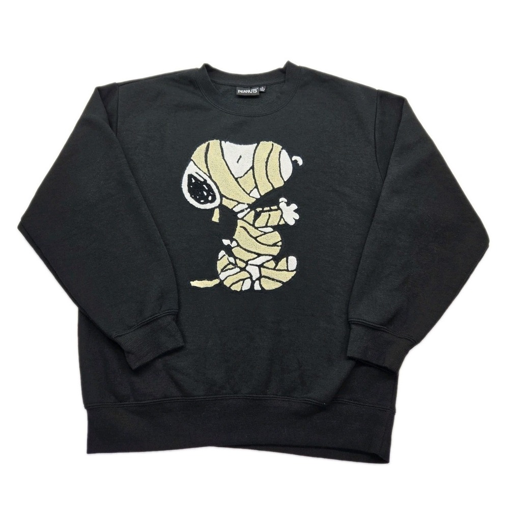 Peanuts Snoopy Mummy Halloween Sweatshirt L Chenille Applique Black Spooky